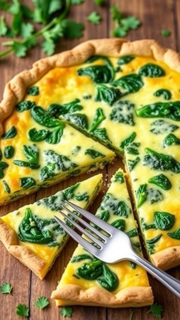 A slice of keto spinach and cheese quiche on a wooden table, showcasing a golden crust and creamy filling.